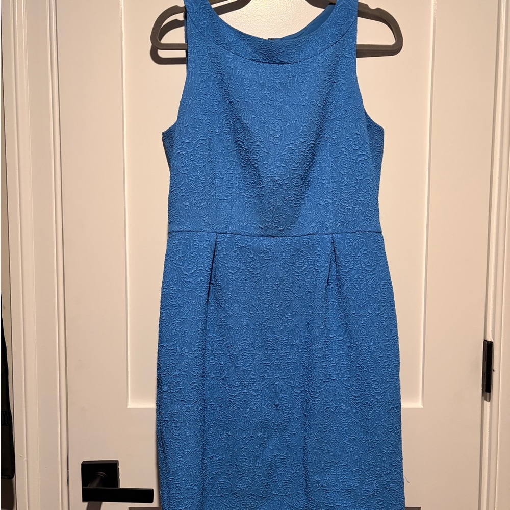Ann Taylor Petite 10 Blue Textured Sheath Dress Sleeveless Work Office Classic